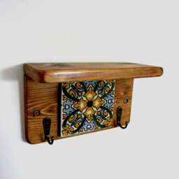 Mexican Tile Key Holder With Shelf Reclaimed Wood, Rustic Home Decor - thumbnail 4