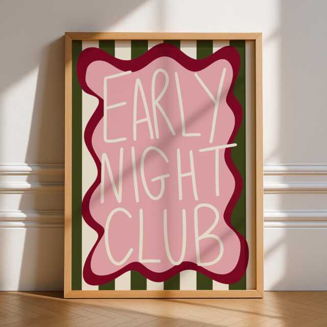 Early Night Club Print, Unframed Art, Bold Kitchen Posters, Trendy Decor, Living, Typography, Retro, House, Stripes, Bedroom, Sleep - image 1
