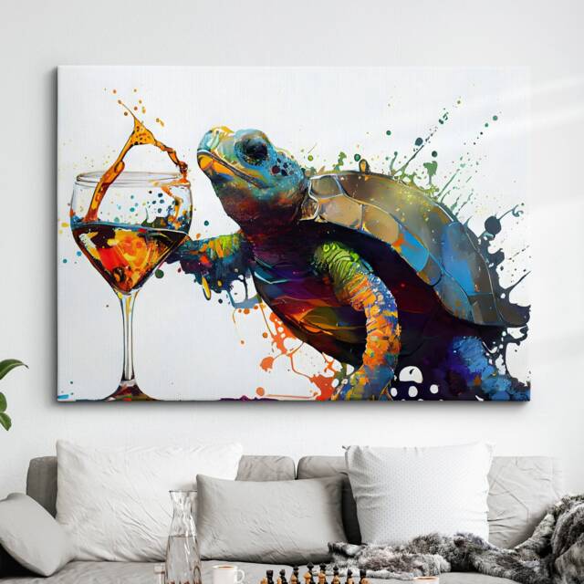 Turtle Drinking Cocktail Pet Animal Abstract Modern Painting Wall Art, Framed Canvas Poster Print, Home Kitchen Office Room Decor, Gifts - image 1
