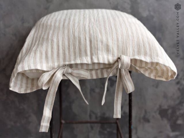 Striped Linen Pillow Case With Ties - Pinstriped Standard, Queen, King Sizes - Off White - image 1