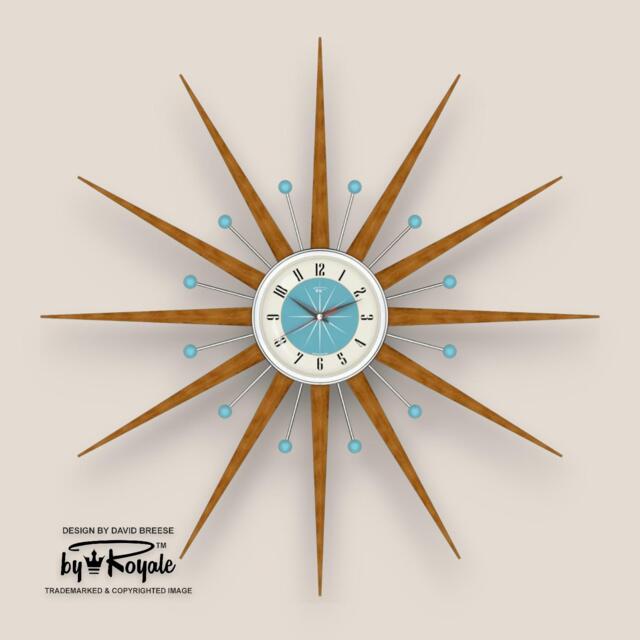 Teak Starburst Clock Mid Century Modern Wall Decor, 30 - image 1