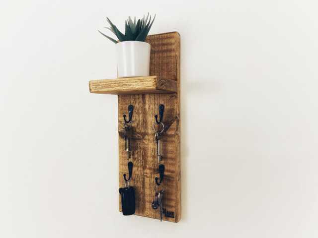 Key Holder With Shelf, Rustic Rack, Wall Mounted Hanger, Wooden Storage For Hallways, Entryways & Office, Hooks - image 1