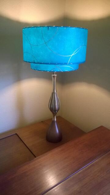 Mid Century Vintage Style 2 Tier Fiberglass Lamp Shade Modern Atomic Retro Teal Gld - image 1