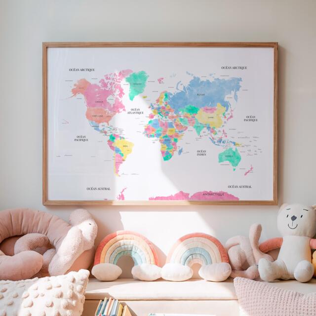 Colorful World Map - Wall Poster With Country Names & Capitals Art For Living Room, Bedroom Or Playroom - image 1