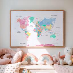 Colorful World Map - Wall Poster With Country Names & Capitals Art For Living Room, Bedroom Or Playroom - thumbnail 1