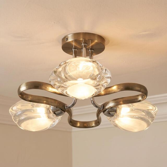 Antique Brass Flush Ceiling Light - Three Globe Vintage Pendant Fixture - image 1