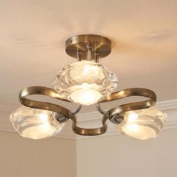 Antique Brass Flush Ceiling Light - Three Globe Vintage Pendant Fixture - thumbnail 1
