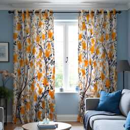 Orange Floral Curtains, Autumn Botanical Print Drapes, Burnt & Mustard Yellow Leaf Pattern Window Panels - thumbnail 3