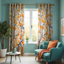 Orange Floral Curtains, Autumn Botanical Print Drapes, Burnt & Mustard Yellow Leaf Pattern Window Panels - thumbnail 2