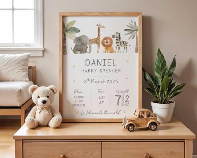 New Baby Personalised Print - Birth Details Gift Keepsake Newborn Neutral Nursery Animal - image 1