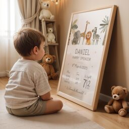 New Baby Personalised Print - Birth Details Gift Keepsake Newborn Neutral Nursery Animal - thumbnail 2