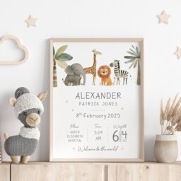 New Baby Personalised Print - Birth Details Gift Keepsake Newborn Neutral Nursery Animal - thumbnail 3