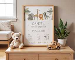New Baby Personalised Print - Birth Details Gift Keepsake Newborn Neutral Nursery Animal - thumbnail 1