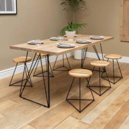 Hairpin Dining Table, Solid Oak Table With Pin Legs & Stool, Hand Made Kitchen Table, Reclaimed Dining Industrial Farm Wooden - thumbnail 1