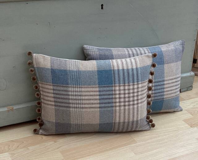 Katrine Tartan Bolster Pillow Set Ocean Blue Plaid With Pompom Trim - image 1
