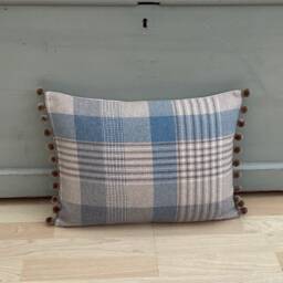 Katrine Tartan Bolster Pillow Set Ocean Blue Plaid With Pompom Trim - thumbnail 2