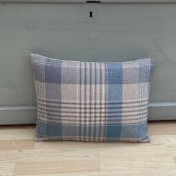 Katrine Tartan Bolster Pillow Set Ocean Blue Plaid With Pompom Trim - thumbnail 3