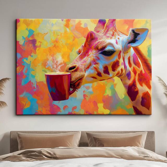 Giraffe Drinking Coffee Glasses Animal Art Abstract Oil Painting Framed Poster Print, Canvas Wall Living Home Decor Interior Gift - image 1