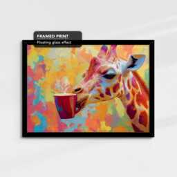Giraffe Drinking Coffee Glasses Animal Art Abstract Oil Painting Framed Poster Print, Canvas Wall Living Home Decor Interior Gift - thumbnail 2