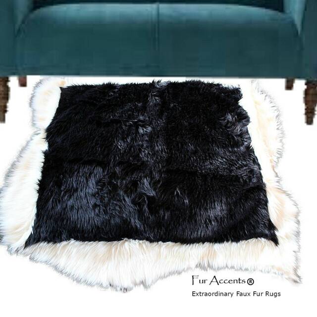 Plush Black Faux Fur Rug - Shaggy White Border, Sheepskin Throw - image 1
