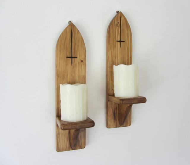 Pair Of Gothic Style Wall Sconce Candle Holders With Inverted Carved Cross/Crucifix Decoration Various Sizes - image 1