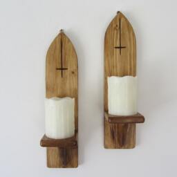 Pair Of Gothic Style Wall Sconce Candle Holders With Inverted Carved Cross/Crucifix Decoration Various Sizes - thumbnail 3