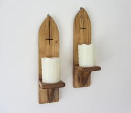 Pair Of Gothic Style Wall Sconce Candle Holders With Inverted Carved Cross/Crucifix Decoration Various Sizes - thumbnail 1