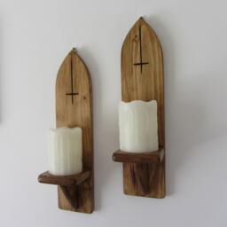 Pair Of Gothic Style Wall Sconce Candle Holders With Inverted Carved Cross/Crucifix Decoration Various Sizes - thumbnail 2