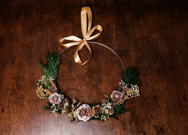 Gold Christmas Wreath Modern Winter Wedding Decor, Pine Cones & Baby's Breath - image 1