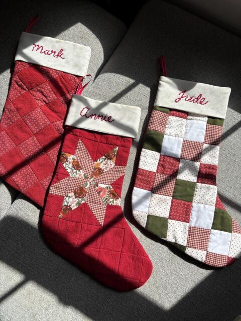 Handmade Quilted Christmas Stocking, Personalized Embroidered Cuff, Star Quilt Patchwork Design, Country Farmhouse Decor