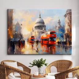 London England Cathedral Red Bus Landmark Oil Painting Style Wall Art Framed Calming Canvas Poster Print Home/Office Room Decor Gifts - thumbnail 1