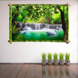 Waterfall Forest Swans Wall Decal Sticker Mural Poster Print Art Home Office Decor With Bamboo Effect Gk26 - thumbnail 2