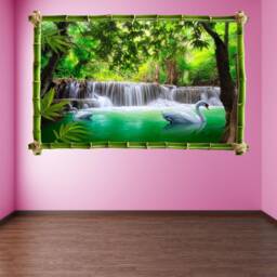 Waterfall Forest Swans Wall Decal Sticker Mural Poster Print Art Home Office Decor With Bamboo Effect Gk26 - thumbnail 3