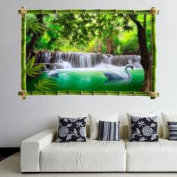 Waterfall Forest Swans Wall Decal Sticker Mural Poster Print Art Home Office Decor With Bamboo Effect Gk26 - thumbnail 1