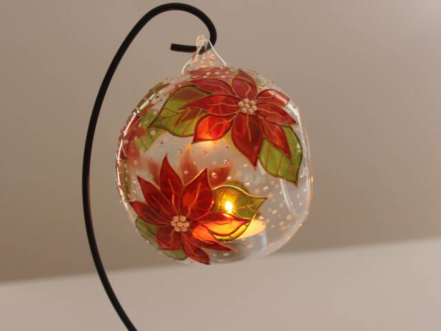 Hand Painted Gift, Tea Light Candle Holder, Hanging Glass Holder. Glass Holder On A Stand, Cristmas Gift For Her Poinsettia - image 1