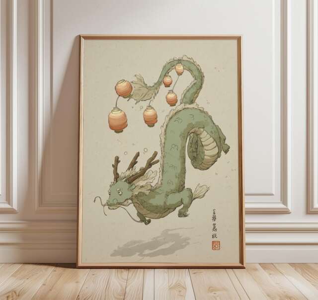 Asian Dragon Wall Art, Mythical Sea Serpent Print, Lantern Illustration, Oriental Fantasy Poster, Serene Myth Japanese Style Decor - image 1