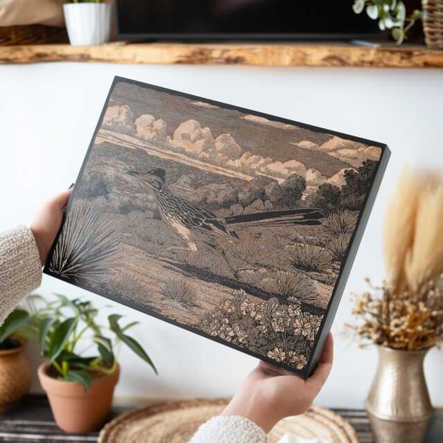 Roadrunner in The Desert Scene Wall Art - Wood Lithograph Illustration, Arizona Landscape, Nature Southwest Home Decor Gift - image 1