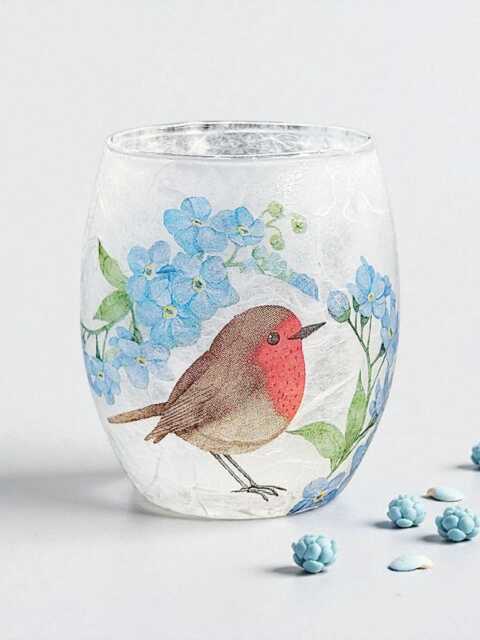 Robin & Forget Me Not, Medium Glass Tealight Holder, Remembrance Gift, Home Decor, Gift Boxed - image 1