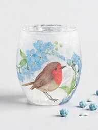 Robin & Forget Me Not, Medium Glass Tealight Holder, Remembrance Gift, Home Decor, Gift Boxed - thumbnail 1