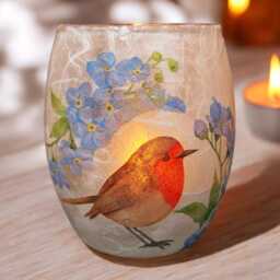 Robin & Forget Me Not, Medium Glass Tealight Holder, Remembrance Gift, Home Decor, Gift Boxed - thumbnail 2