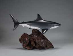 Great White Shark Sculpture By John Perry 15In Long On Polished Burlwood Base. Signed