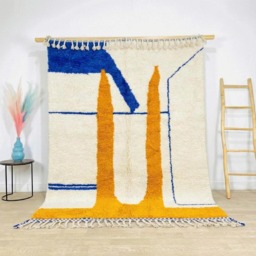 Saffron Yellow Moroccan Rug With Blue Abstract Pillars - Large 9x12 Area Handmade Berber Shag Modern Geometric Art Decor - thumbnail 1