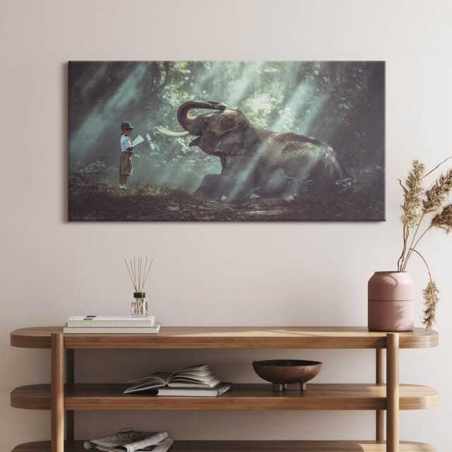 A Boy With A Book Canvas, Wall Art Picture, Green Decoration, Animals Canvas - image 1