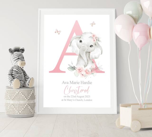 Personalized Christening Print Baby Elephant Watercolor, Goddaughter Gift - image 1