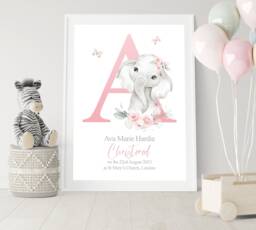 Personalized Christening Print Baby Elephant Watercolor, Goddaughter Gift - thumbnail 1