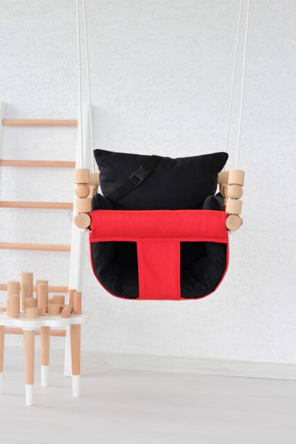 Handmade Baby Swing Montessori Highchair, Red & Black Cotton Duck - image 1