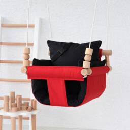 Handmade Baby Swing Montessori Highchair, Red & Black Cotton Duck - thumbnail 2