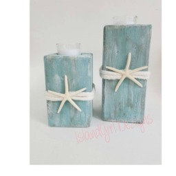Distressed Wood Starfish Candle Holder Coastal Beach Decor - Set Of 2