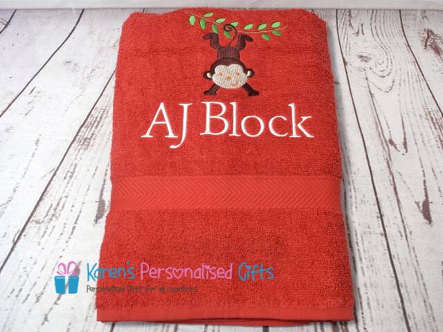 Personalised Kids Bath Towel, Red Monkey Children's Swim Embroidered - Choice Of Colours - image 1