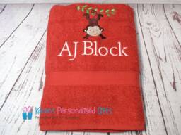 Personalised Kids Bath Towel, Red Monkey Children's Swim Embroidered - Choice Of Colours